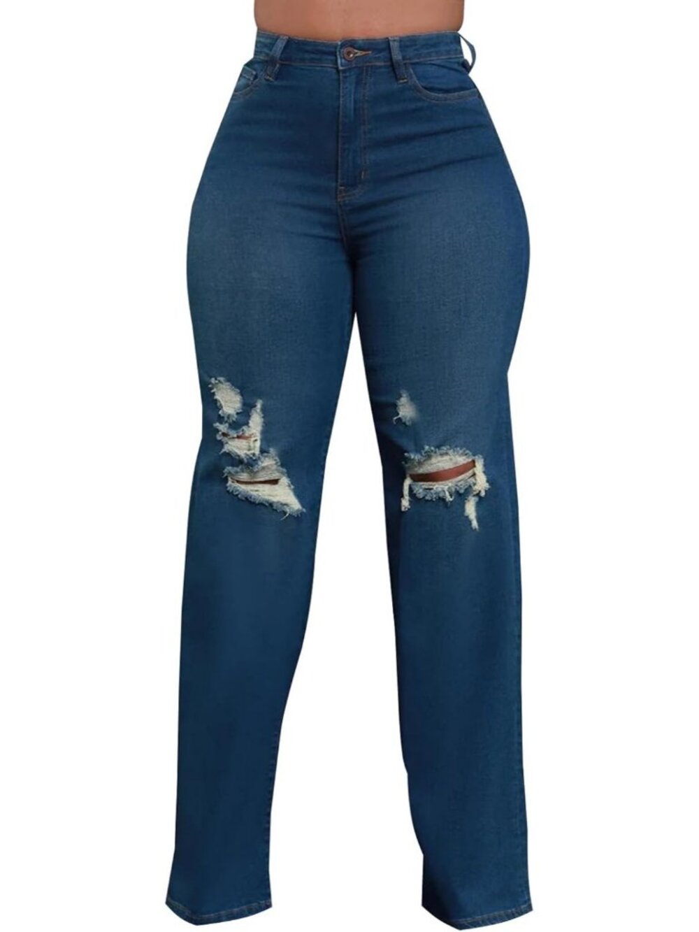 Women's Dark Blue Denim High Waist Y2k Wide Leg Button Running Straight Jeans